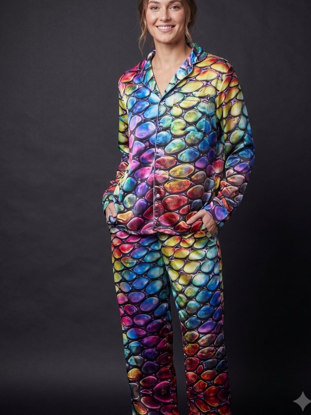 Psychedelic Snake Skin glossy Satin Set Shirt loungewear Size large Womans